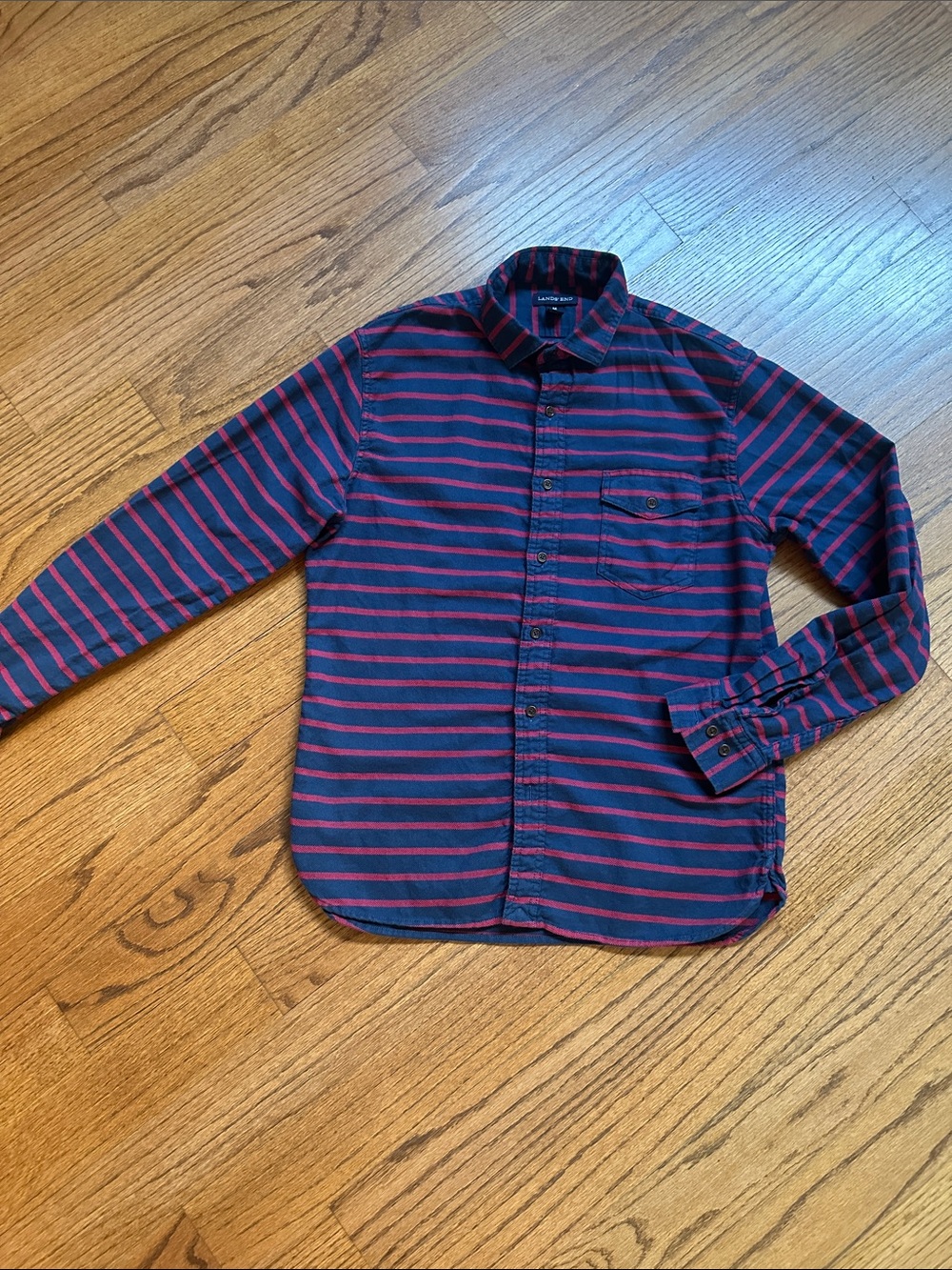 Lands' End Navy Shirt with Red Stripes